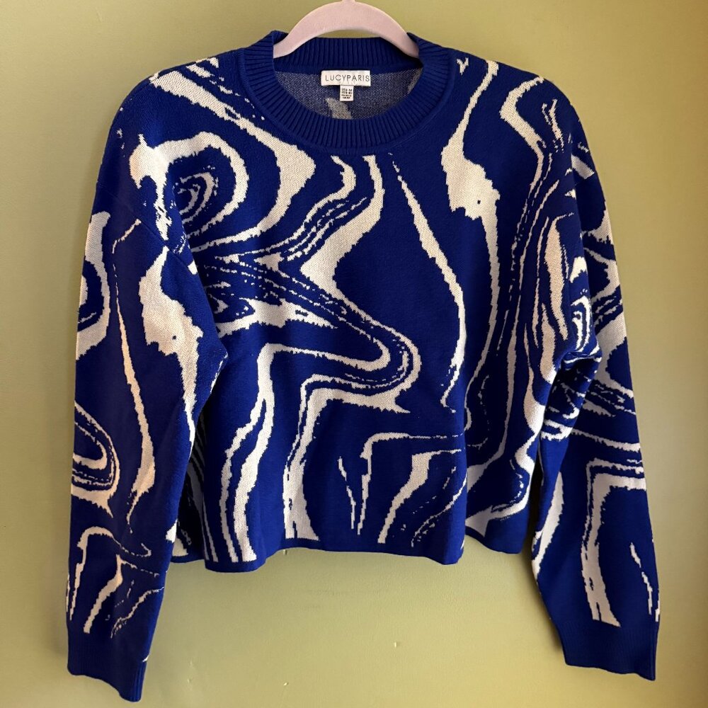 Lucy Paris Blue and White Swirl Sweater Size M